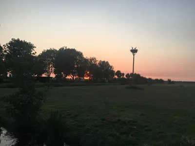 a pole in a field with a sunset in the background at B&B De Porrel in Polsbroek