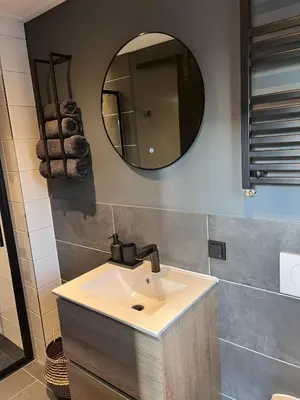 a bathroom with a sink and a mirror at B&B 'Op Eemdijk' in Eemdijk