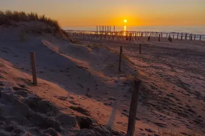 a beach with the sunset in the background at Het Zeepaardje in Dirkshorn