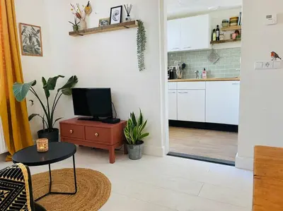 a living room with a tv and a kitchen at Have a nice stay! -The Birdhouse, Tiny home close to the beach in Noordwijk aan Zee