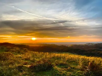 a sunset on the top of a hill with grass at Tiny House in de duinen van IJmuiden aan Zee in IJmuiden