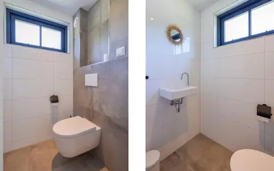two images of a bathroom with a toilet and a sink at Villa Goudvink in Dirkshorn