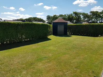 a small shed in a yard next to a hedge at NEU! Ferienhaus Zijper 24 in Burgerbrug