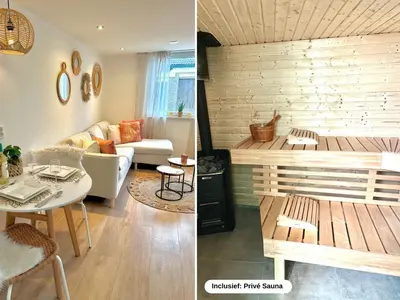 two pictures of a living room and a dining room at Wellness at Sea in Egmond aan Zee