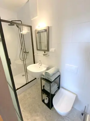 a bathroom with a sink and a shower and a toilet at The East Wing Bloemendaal in Bloemendaal