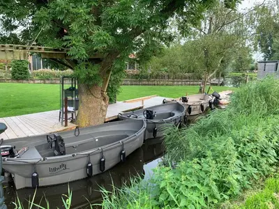 three boats in the water next to a tree at Luxury apartment in farmhouse near Amsterdam in Ilpendam