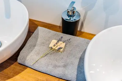 a towel with a piece of soap on it next to a toilet at Authentic apartment in farmhouse near Amsterdam in Ilpendam