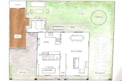 a drawing of a floor plan of a house at 30 steps to sand.. Light and spacious family villa in Zandvoort