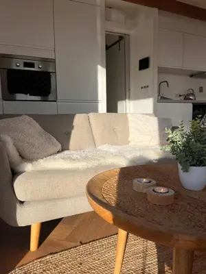 a living room with a couch and a coffee table at Luxury Houseboat Liberdade with sauna and dinghy in Monnickendam