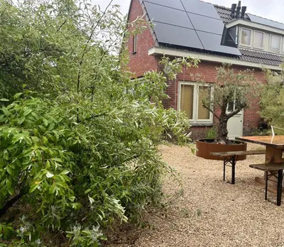 a house with a picnic table in front of it at Aventure, beach 500m, free parking in Noordwijk