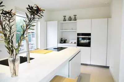 a kitchen with white cabinets and a vase with a plant at Het Bosch in Bergen