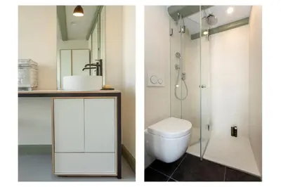 two images of a bathroom with a toilet and a shower at The Red Ox - Super Central Canal View Rooms in Amsterdam