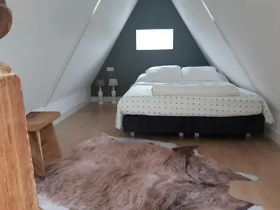 a bedroom with a bed and a fur rug at BenB Humblebee met jaccuzi in Alkmaar