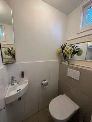 a white bathroom with a toilet and a sink at De Lijster in Bergen