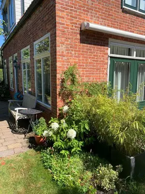 a brick house with a bench and some plants at De Lijster in Bergen